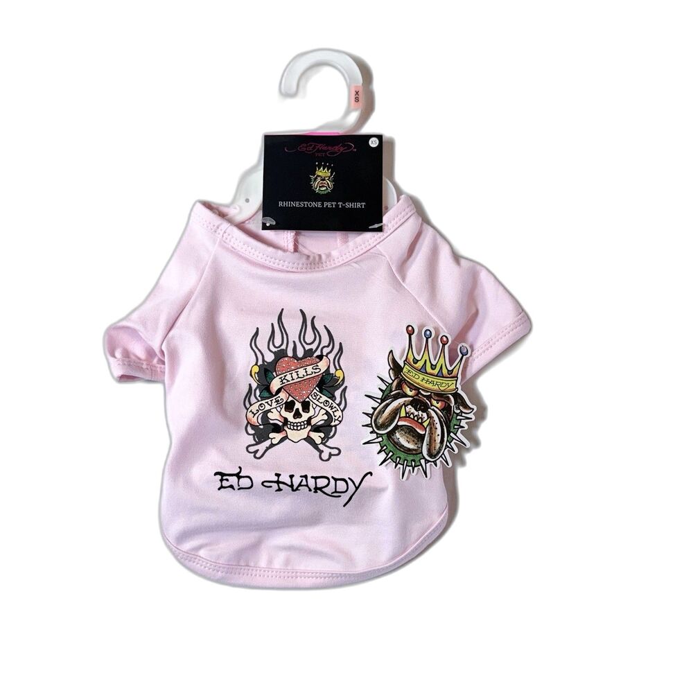 Ed Hardy Rhinestone Pet T-shirt Pink Skull Love Kills Slowly Dogs Size XS NWT
